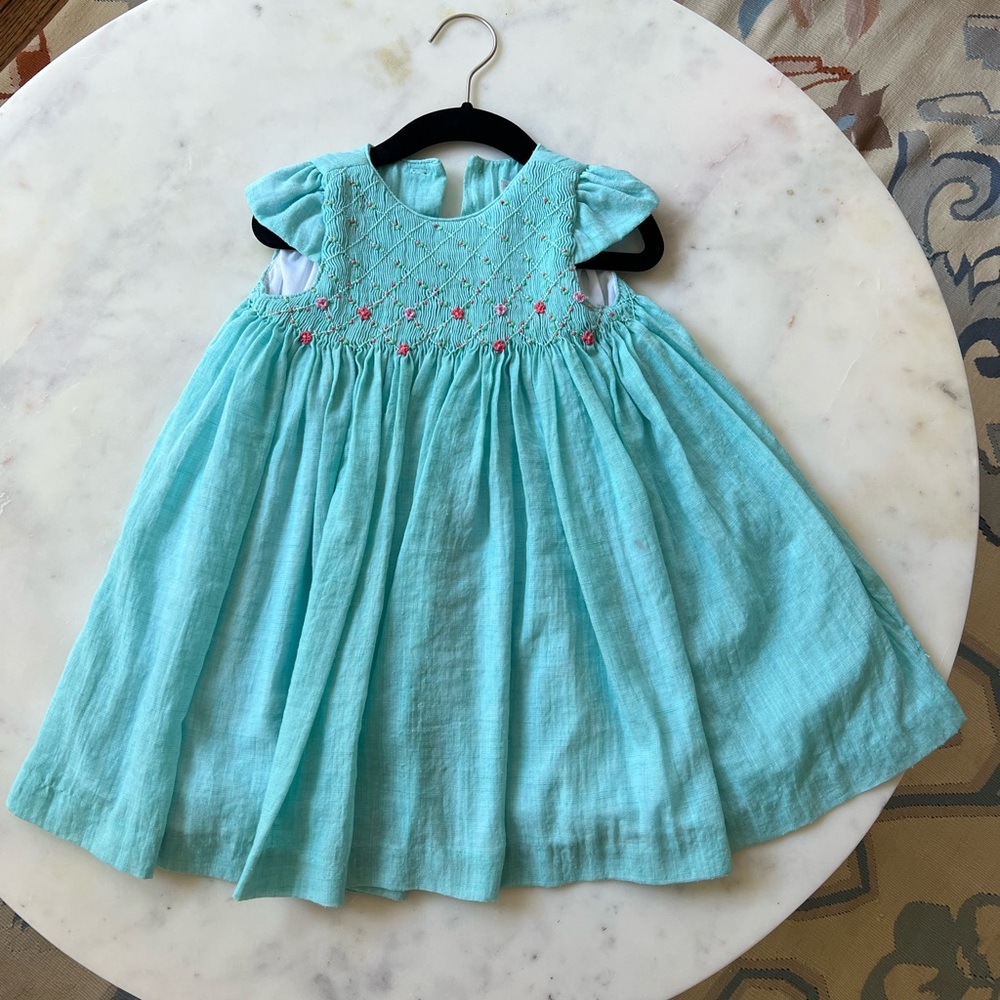 Luli and Me Aqua Blue Dress with Pink Flower Smocking, 24 Months